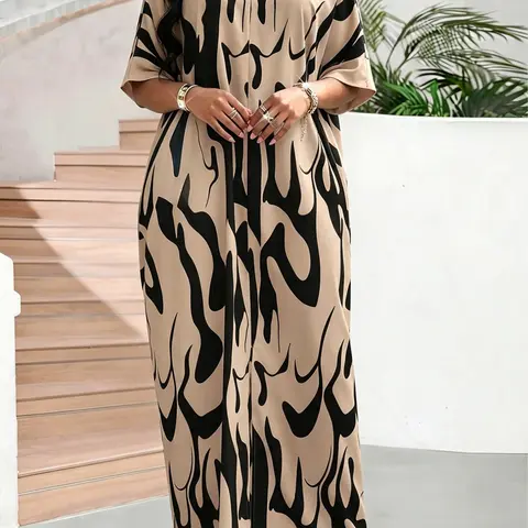 Women's Middle Eastern Muslim Robe, Summer Casual Comfort Notched-Neck Loose Split Hem Modest Style Tunic Dress, Islamic Modesty Clothes, Stylish and Relaxing Clothes for Beach and Vacation