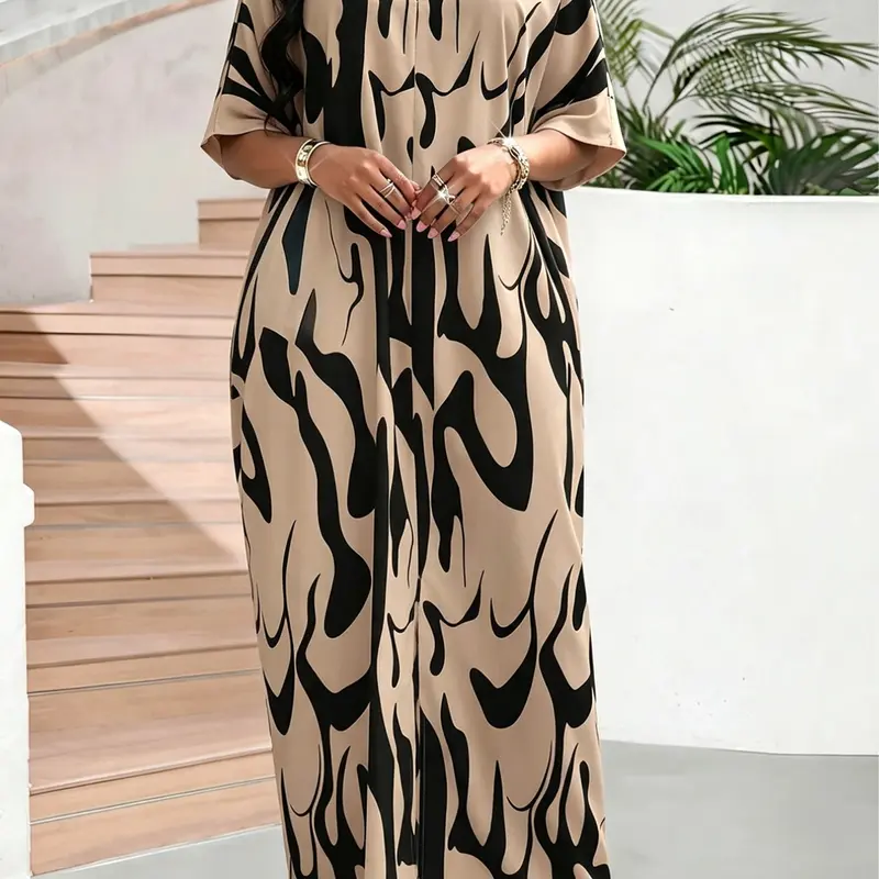 Women's Middle Eastern Muslim Robe, Summer Casual Comfort Notched-Neck Loose Split Hem Modest Style Tunic Dress, Islamic Modesty Clothes, Stylish and Relaxing Clothes for Beach and Vacation