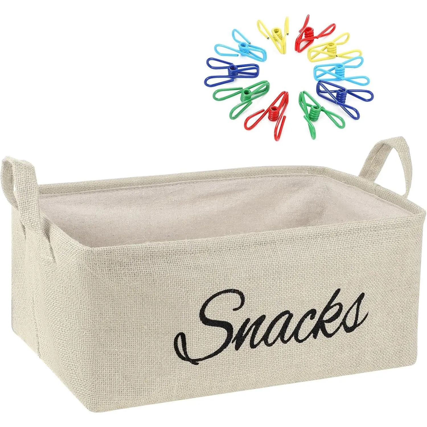 17 count Snack Basket Sets, Snack Storage Bin for Pantry Shelves with 16 count 2 Inch Chip Clips, Basket Organizer for Kitchen, Chips, Popcorn, Candy, Pretzels (Cream-colored,Burlap)