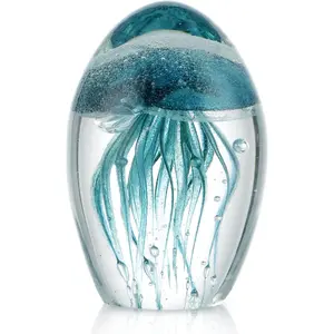 Hand Blown Glass Glow in The Dark Jellyfish Figurine Paperweight, Collectible Sea Creature Statue Decor for Home Office Party, Ideal Gift for Collectors (Turquoise)