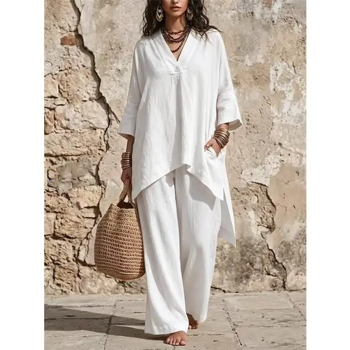 Women’s Elegant V Neck Long Sleeve Two Piece Set, Casual Loose Fit Matching Outfit, Lightweight Comfortable Lounge Set for Daily Wear, Travel, Vacation, Weekend and Stylish Casual Fashion