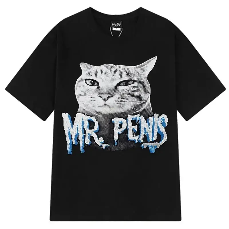 Summer Cotton Printed T-Shirt "MR. PENIS" Funny Cat Meme Graphic Tee, Men Women Hip Hop Rap Breathable Comfort Top