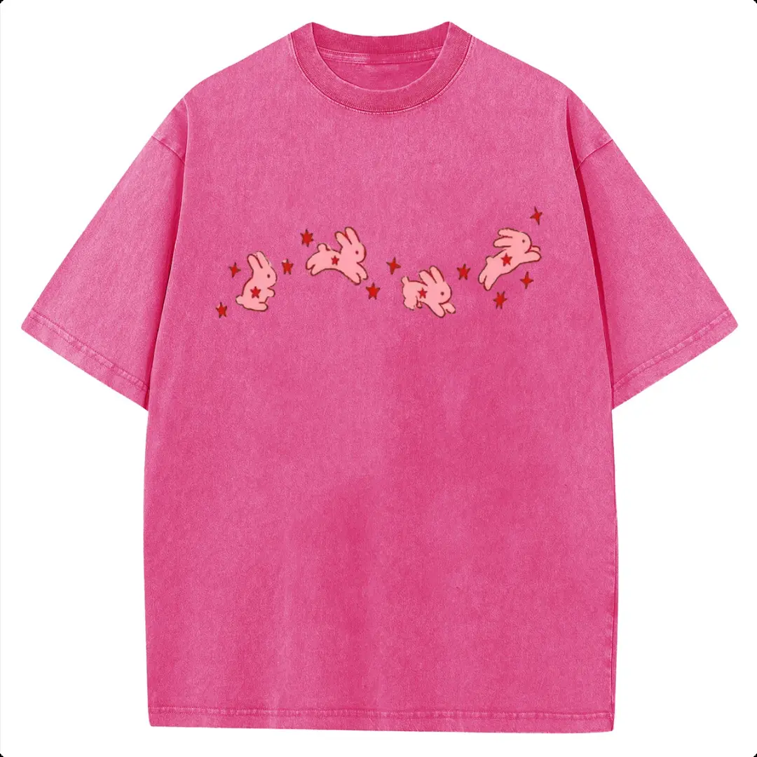 Holafish Oversize Acid Wash Vintage "Pink Star Bunnies" Graphic T-Shirt, Artistic Retro Rabbit Casual Graphic Tee, Heavyweight Cotton Streetwear Graphic Vintage Tees Unisex Crewneck Tshirt, 2026 New Color