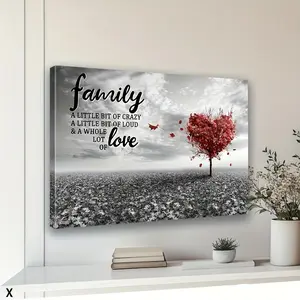 Framed, 1 piece framed canvas wall art featuring red leaves and a heart-shaped family love tree, classic horizontal hanging painting, suitable for living room, bedroom, kitchen decoration, tranquil home decor for spring and autumn