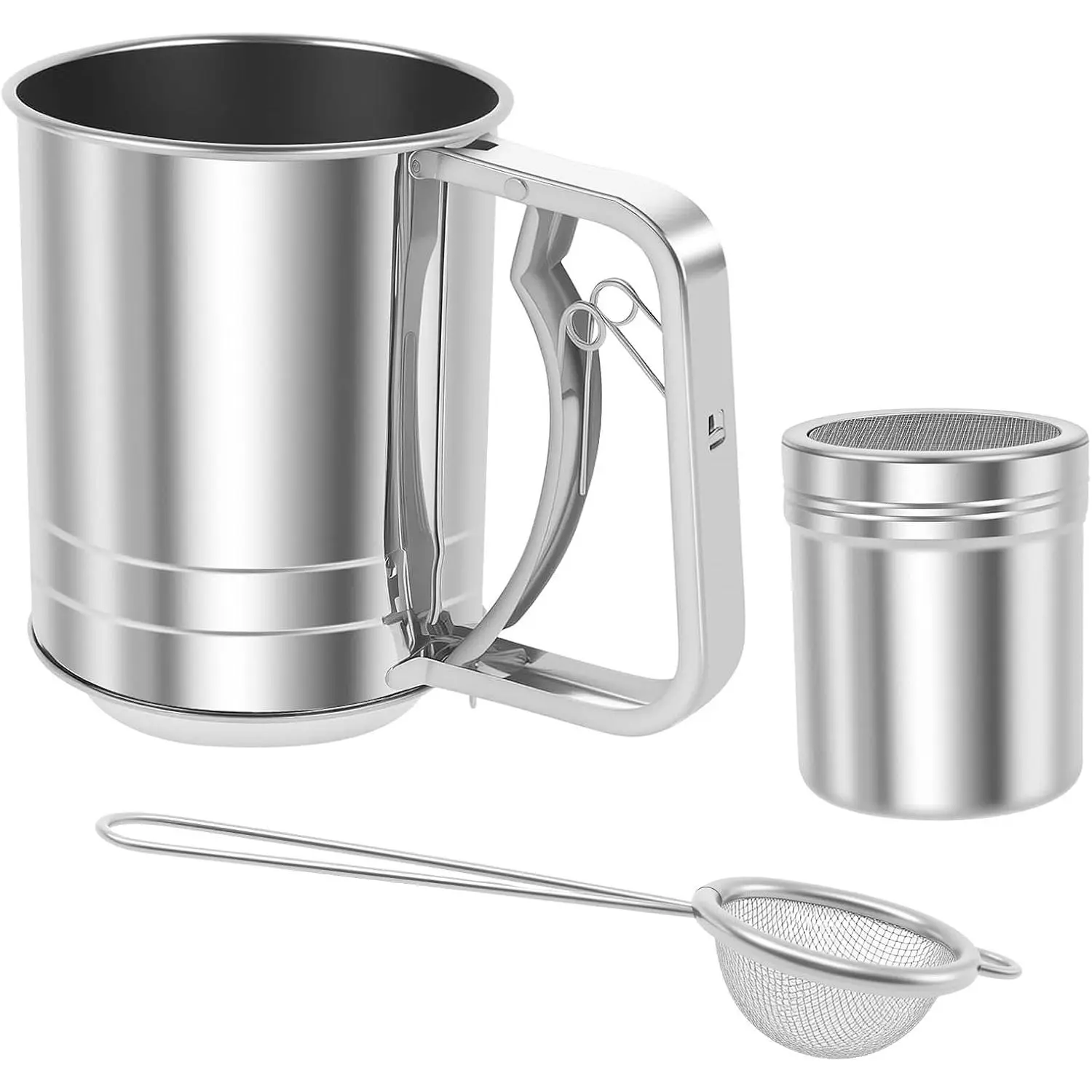 3 in 1 Flour Sifter for Baking, 3 Cup Stainless Steel Double Layer Fine Mesh Sifter, Flour Shaker Duster with Lid, Powdered Sugar  Sifters Spoon, Handheld Flours Sieve for Cooking Cakes Desserts