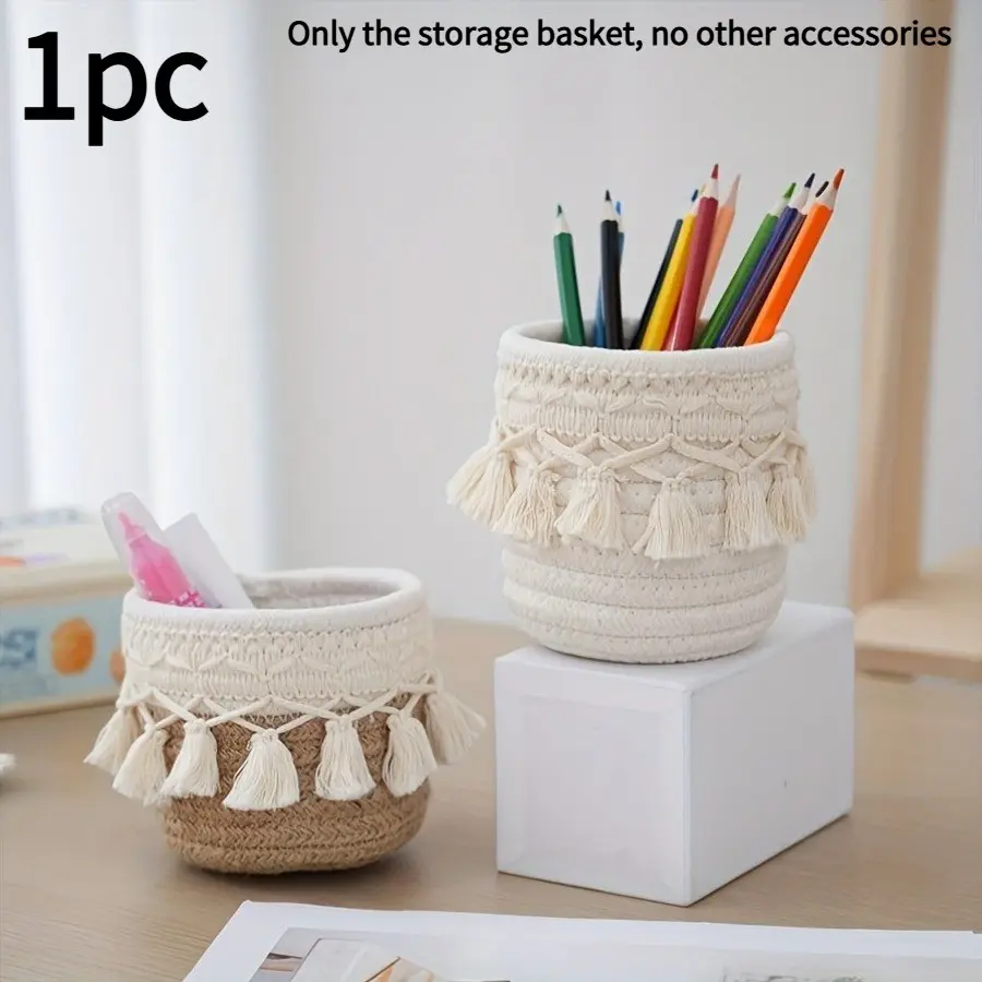 Small Woven Desktop Storage Basket with Tassels, Boho Organizer for Pens, Makeup Brushes, and Small Items, 1 Pack, Table Organizers