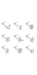 FUNRUN 9Pcs Nose Rings Studs with CZ Snowflake Star Top Surgical Steel L-Shaped Triple Linear Gem Ball Round Diamond Cork Skew Nose Piercing Jewelry