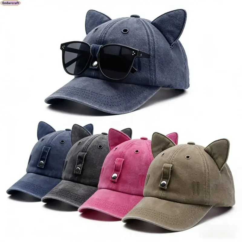 Unisex 2000s Aesthetic Cat Ear Trucker Hat - Hats for Women, Animals Design, 00s Style, 2000s Era, Easy-Remove Sunglasses, Worn-In Retro Look Washed Fabric, UV Protection Snapback, Adjustable Hip Hop Streetwear Cap, Commute Accessory