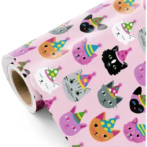 WRAPAHOLIC Kitty Cat Wrapping Paper Roll - Mini Roll - 17 Inch x 33 Feet - Pink Adorable Birthday Kitty Design, Perfect for Kids Girls Birthday, Baby Shower, Cat Lover