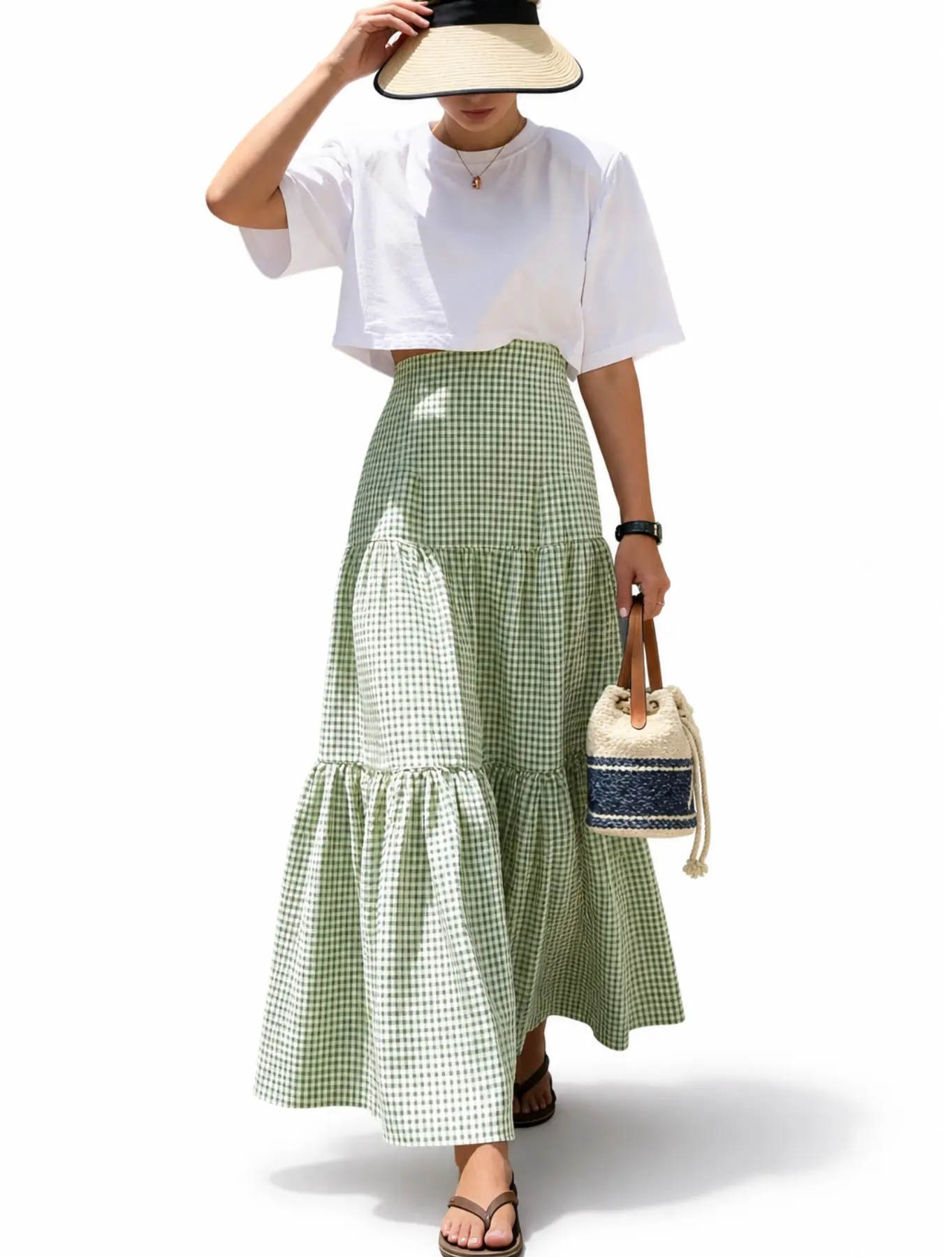 Plus Size Women’s Plaid Ruffle Maxi Skirt, High Waist Loose A-Line Skirt, Flowy Skirt for Casual Daily Vacation Wear, Checkered Skirt