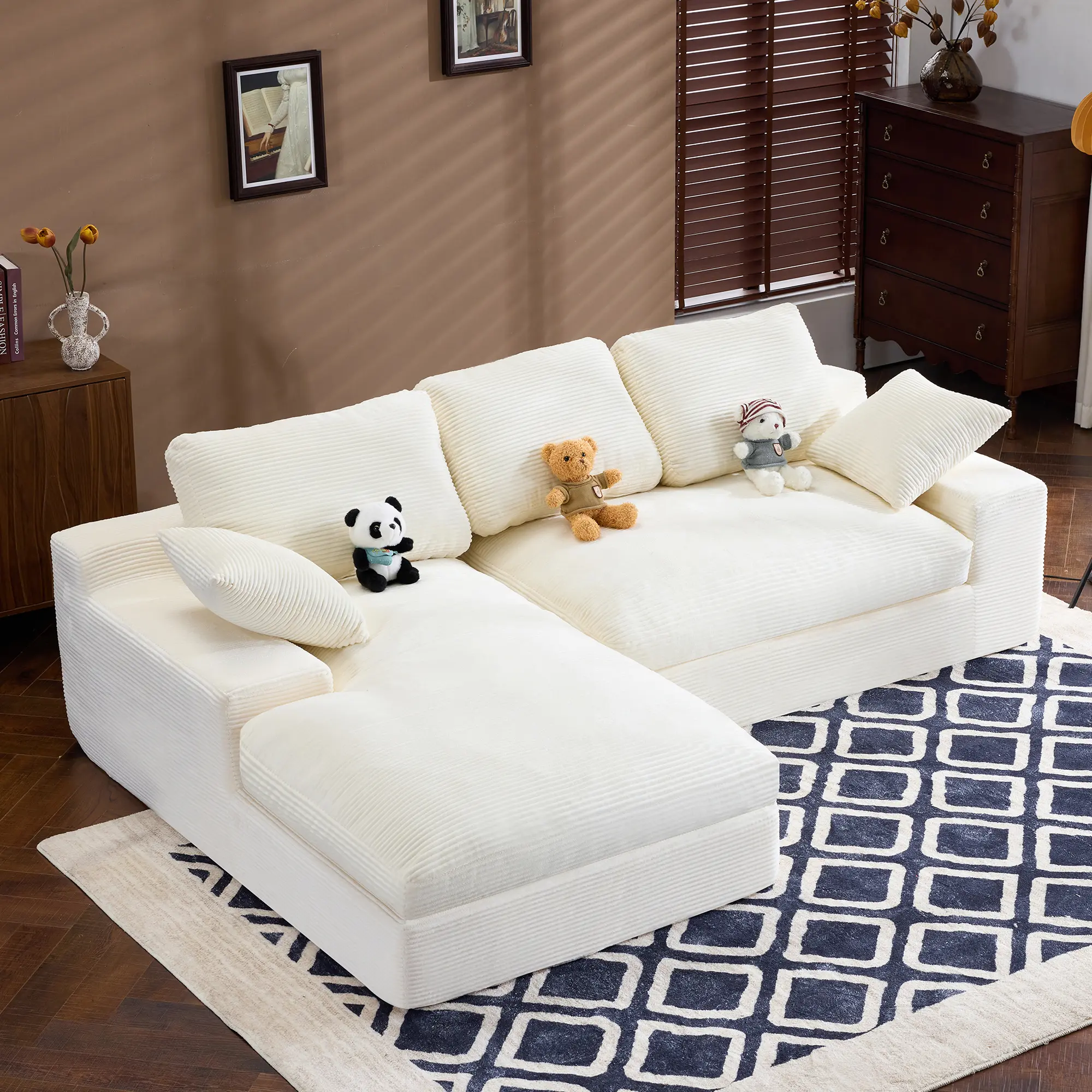 ARCH White Corduroy Compressed Sofa Couch for Living Room, Soft Skin-Friendly Fabric, 3 Back Cushions 2 Throw Pillows, Cozy Small Space Furniture, Easy Assembly, Modern Comfortable Couch Set, Living Room Furniture for Apartment, Lounge, Assembly Required,