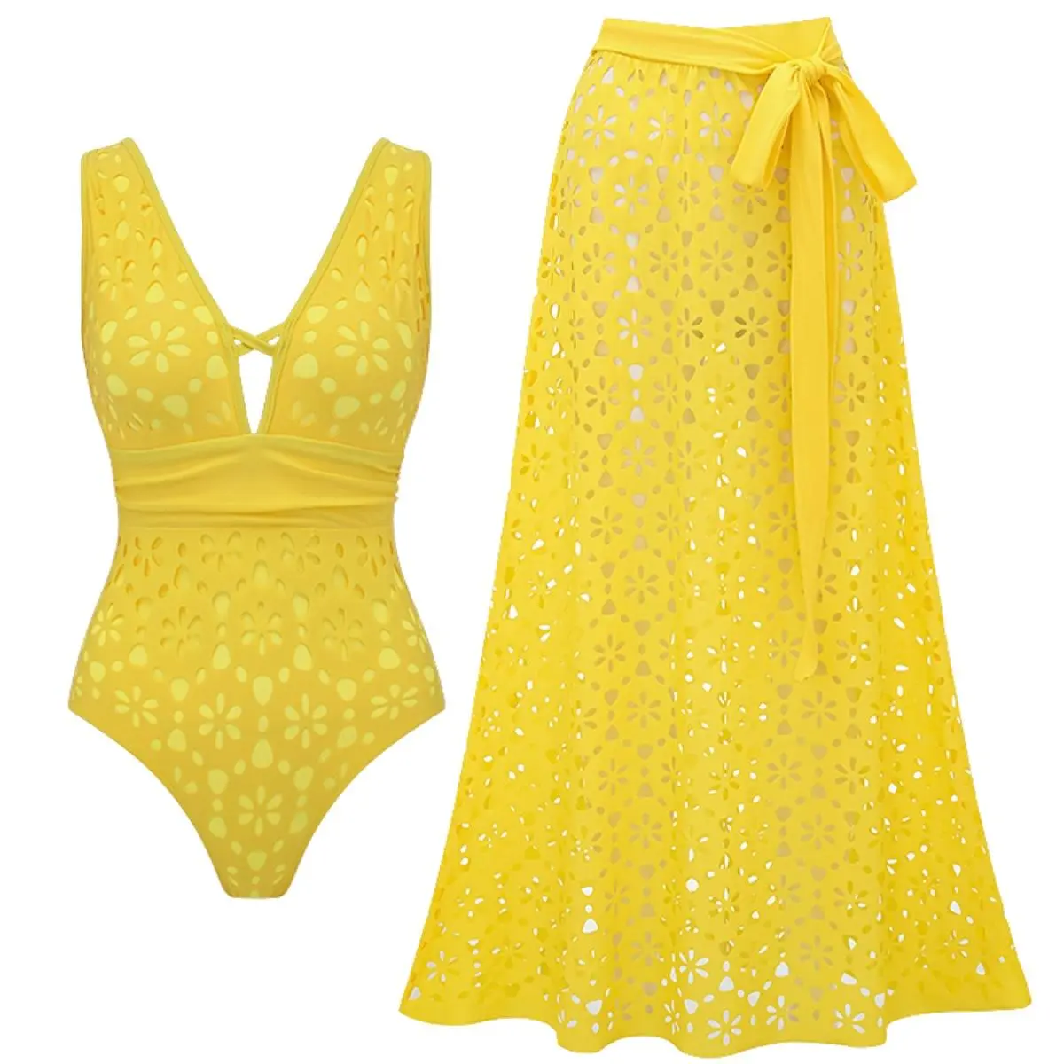 Yellow Hollow Laser Cut One-Piece Swimsuit with Matching Cover Skirt Set Quick Drying Removable Pads Stretchy Swimwear Stylish Beachwear Bathing Suit for Women #swimwear #SummerBeachOutfit