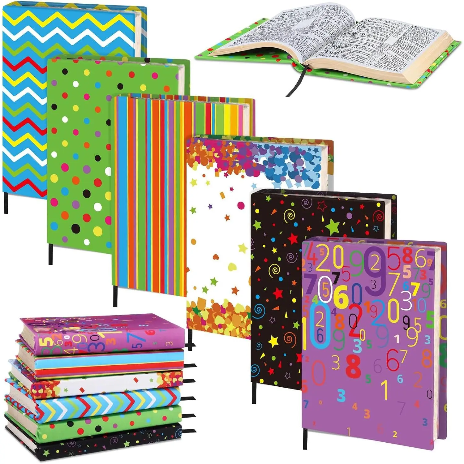 6 Pack Stretchable Book Covers, Fabric  Sleeves for Textbook Protection and Care, Washable  Protective for Paperbacks Hardcover(Geometric,Bright,6-9inch)