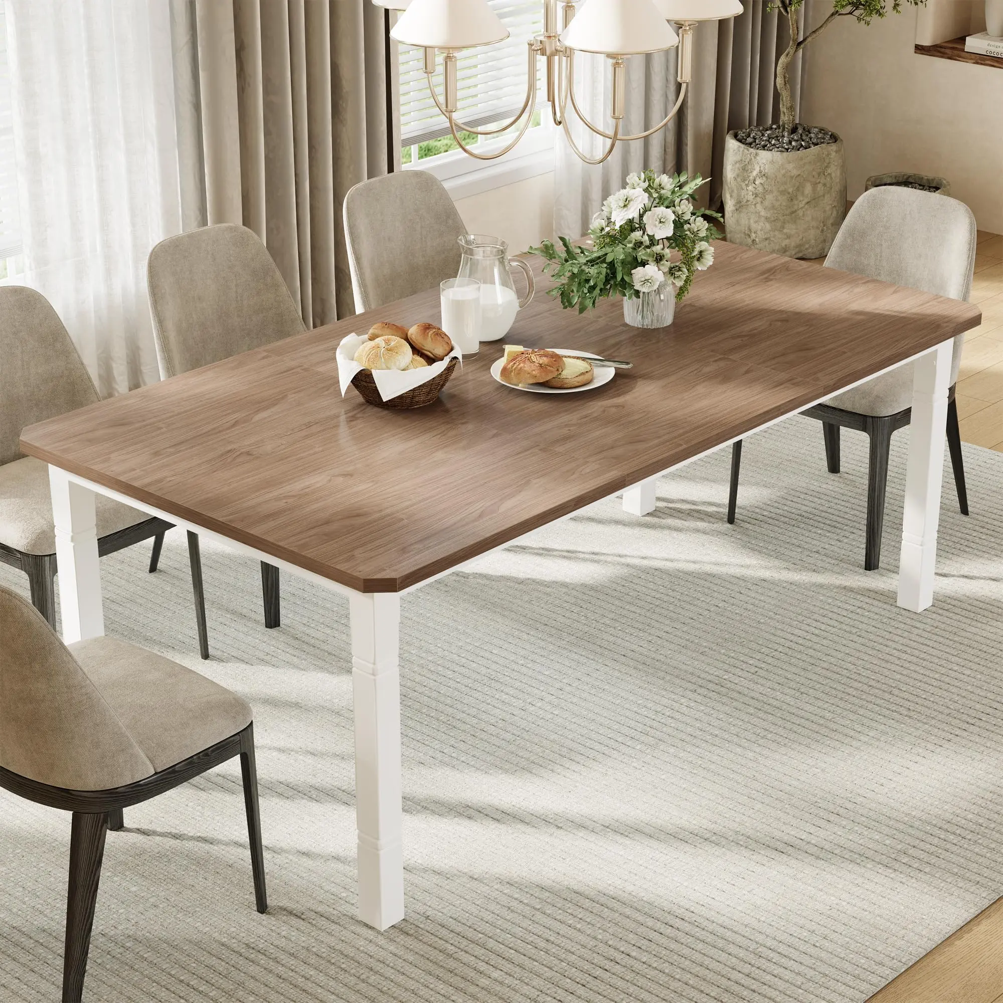 71"-79" Large Dining Table for 6-8 – Wooden Kitchen Table with Sturdy Metal Frame for Dining Room & Kitchen