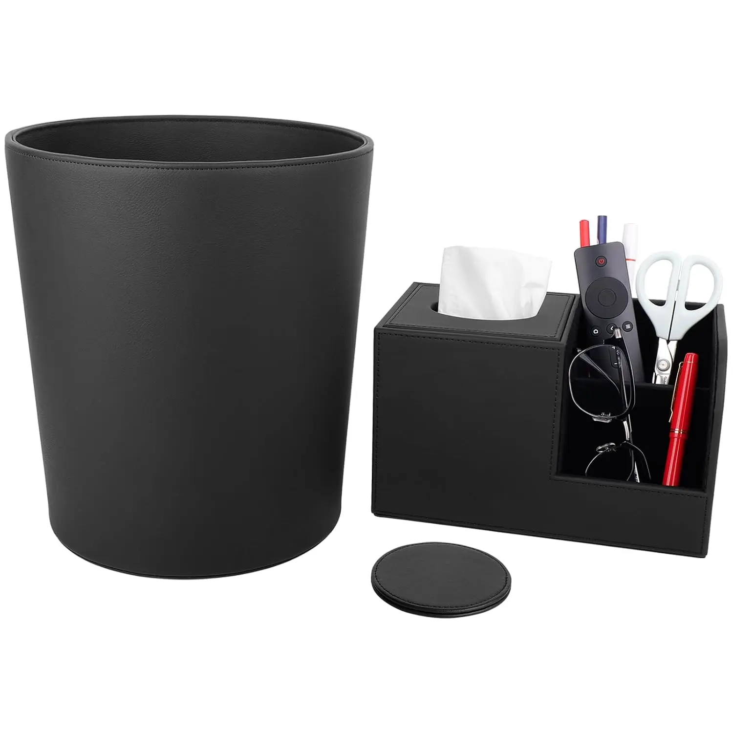 3-in1 Leather Wastebasket & Organizer Set - 3 Gallon Round  Paper Bin, Tissue Box Cover with Storage Compartments & 4" Coaster (Black)