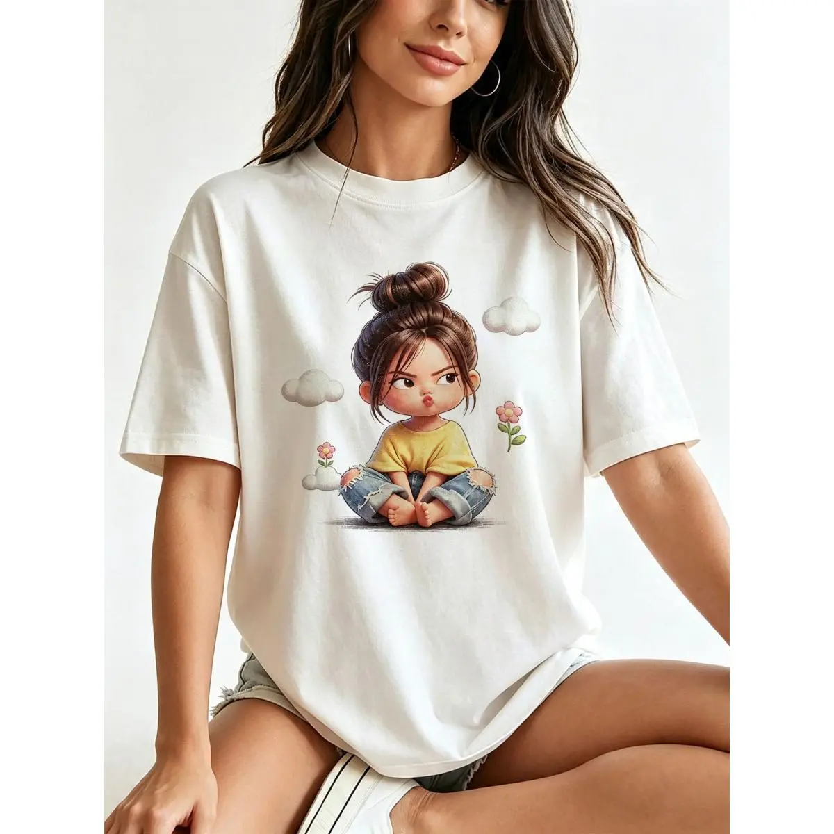 Women's Sassy Cartoon Girl & Clouds Graphic T-Shirt - Fitted Crew Neck Short-Sleeve, Breathable Premium Cotton, Cute Pink Aesthetic, Casual Women's Clothes Tops, Spring Vibes, Street Boutique Summer Wins
