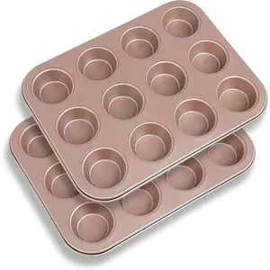 2 Packs Nonstick Round Muffin Baking Pan Tin, 12-Cup Muffin Tin, Cupcake Pans, Cheesecake Pans, Carbon Steel, Gold