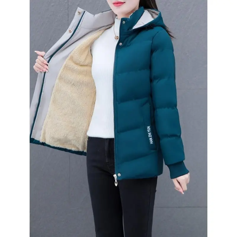 Zipper Diagonal Pocket Hooded Down Jacket, Casual Long Sleeve Winter Coat for Women