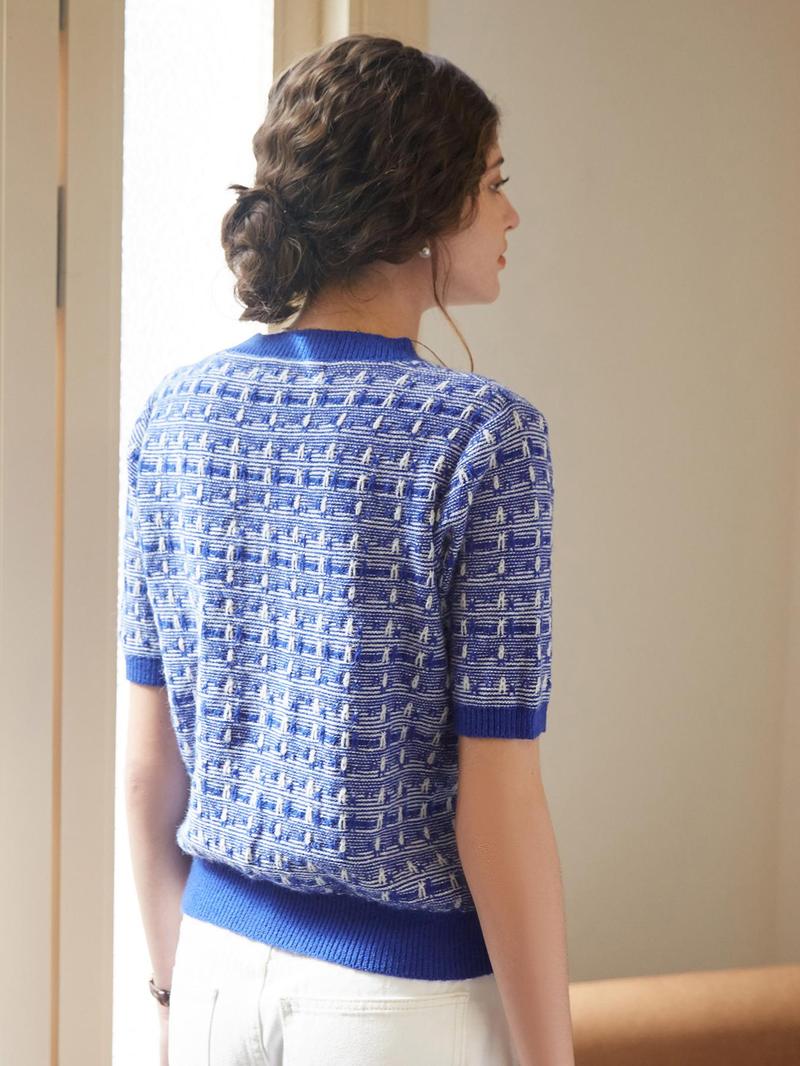 Women's French Knit Commuter Top, Knitted Sweater, Geometric Pattern Round Neck Short Sleeve Casual Loose Fit T-Shirt, Spring Summer Fashion