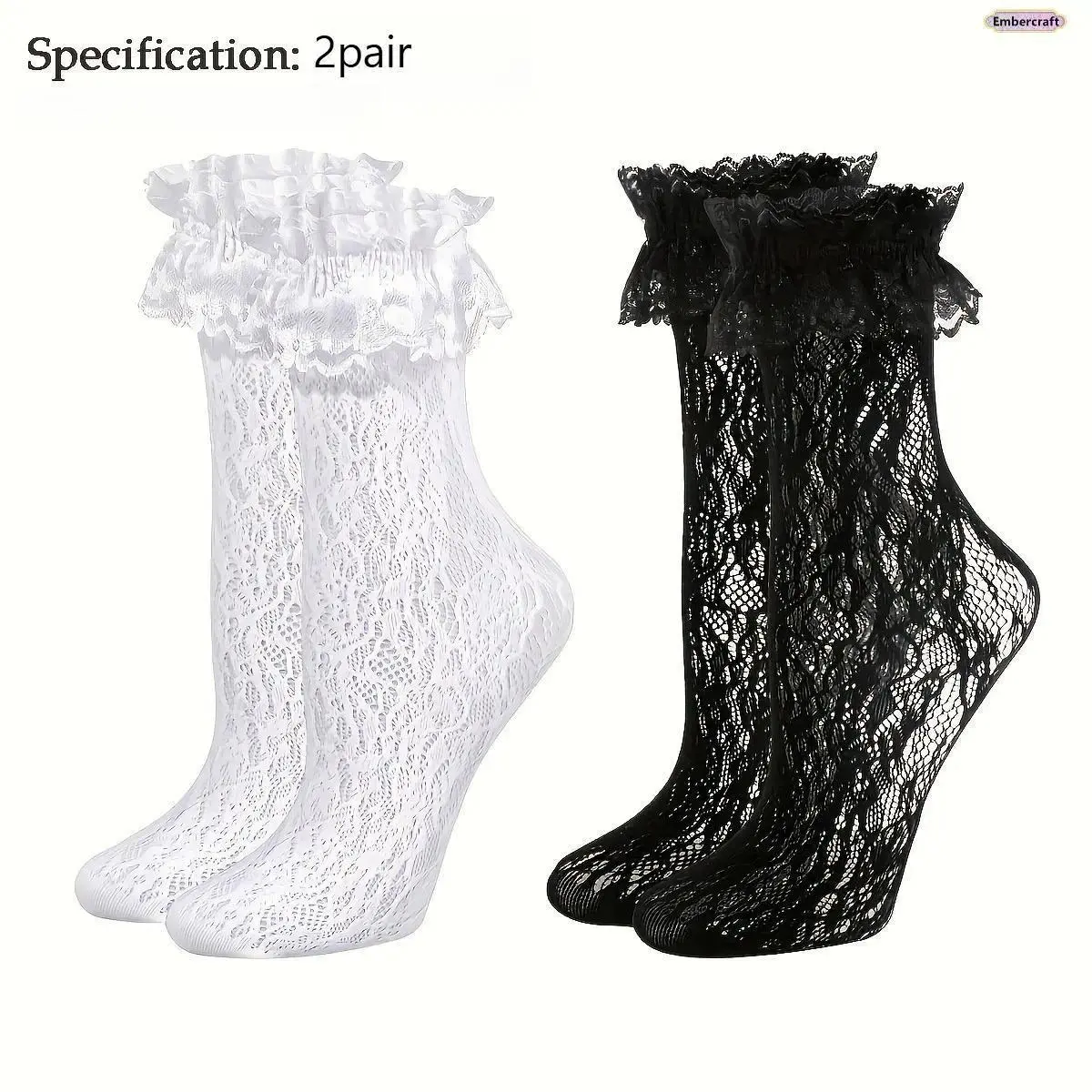 2-Pair Women Y2K Lace Crew Socks, Black White Coquette Frilly Breathable Socks, Lightweight Knee High Slouch Socks for Balletcore Summer Outfits
