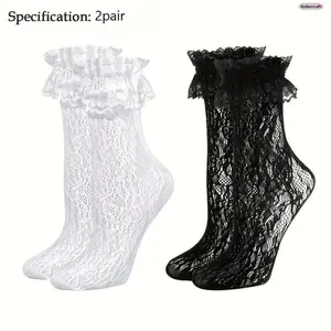2-Pair Women Y2K Lace Crew Socks, Black White Coquette Frilly Breathable Socks, Lightweight Knee High Slouch Socks for Balletcore Summer Outfits