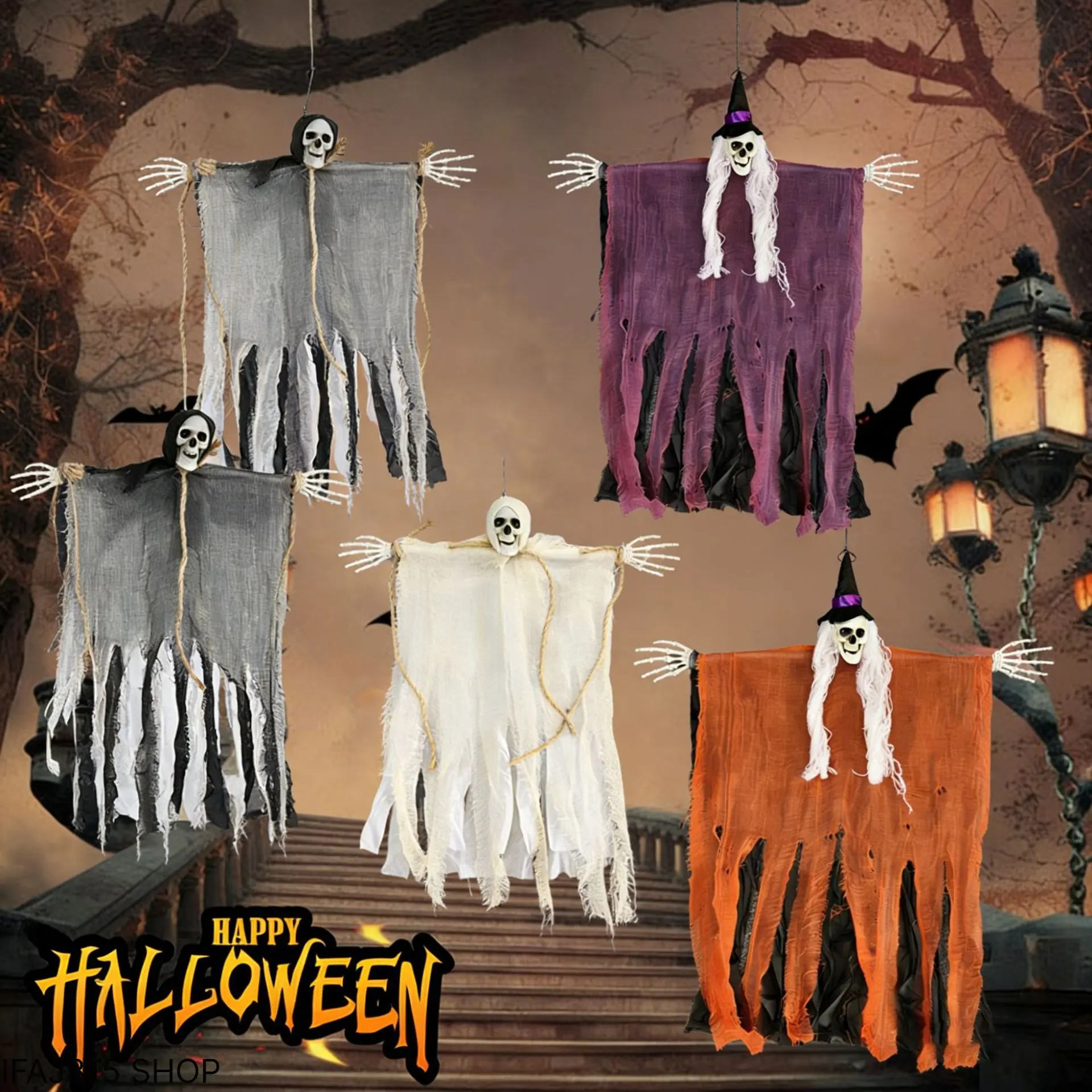 Halloween Hanging Skeleton Ghost Pendant Decoration, Spooky Haunted House Atmosphere Ornament, Creepy Party Decor Prop, Light-Up Scary Hanging Toy for Halloween Theme Party, Home, Yard, Doorway, Bar & Festival Trick-or-Treat Display, Indoor & Outdoor Seas