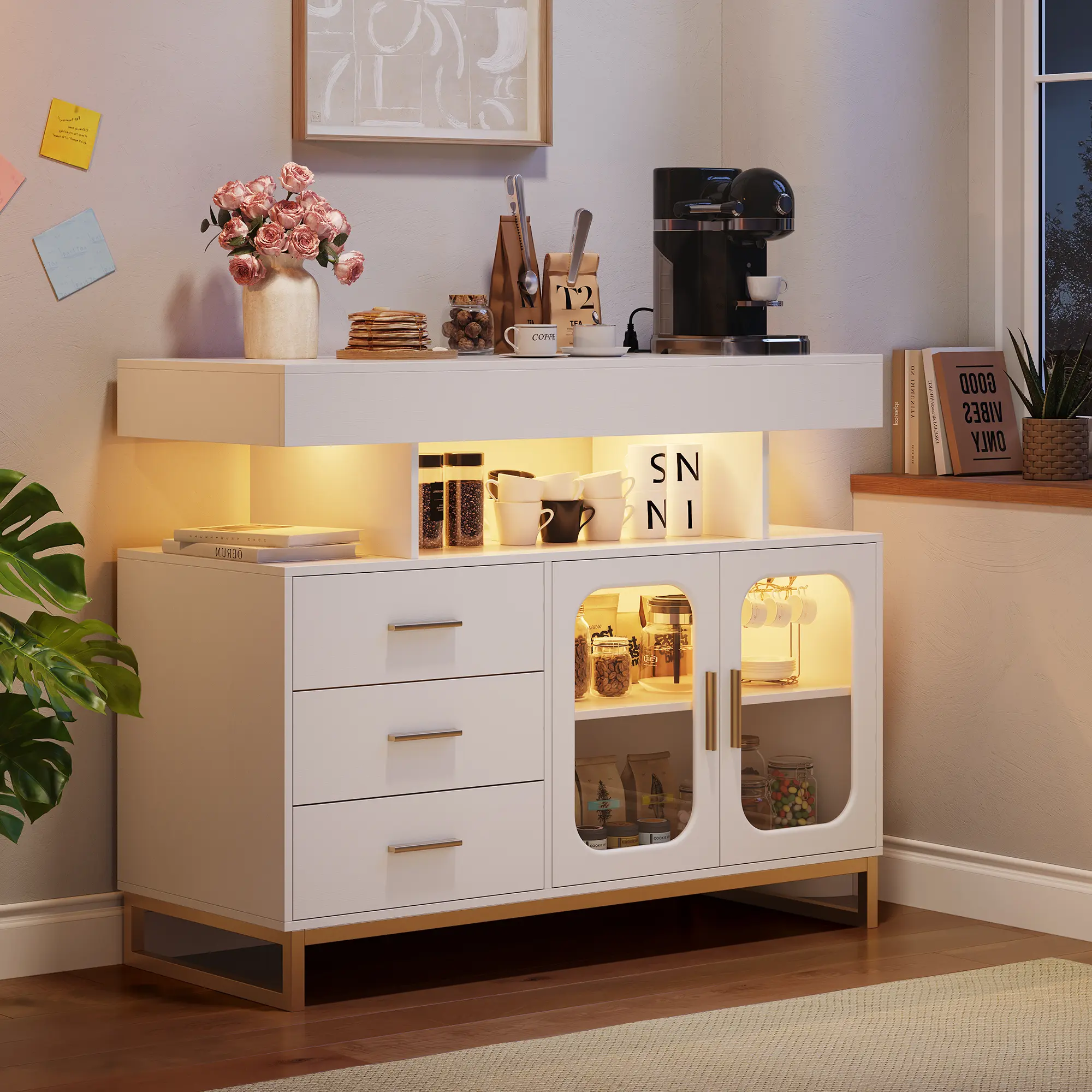 Modern LED Sideboard Buffet Cabinet with RGB Lighting, Charging Station & USB Ports – 3 Drawers, Ample Storage for Dining Room, Kitchen, Living Room, Coffee Bar, White/black Commercial Stainless Steel Worktable