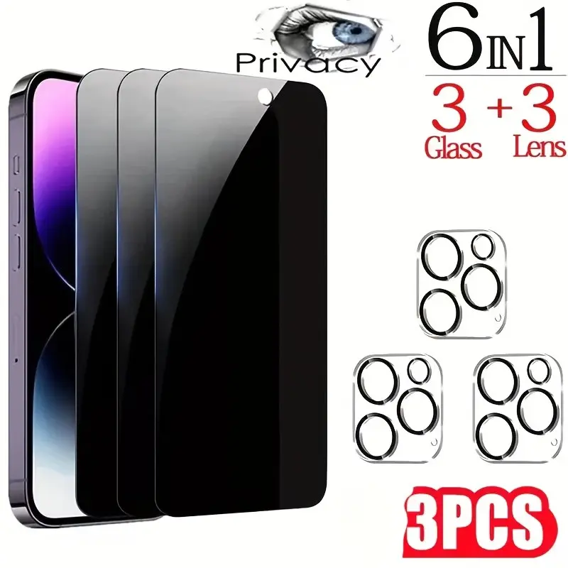 3 pieces of privacy screen protectors and 3 pieces of lens protectors Privacy Screen Protector and Lens Protectors for iPhone 17/16/15/14/13/12/11, Anti-Spy, Anti-Sweat, Anti-Fingerprint, High Transparency, Privacy Glass Cover