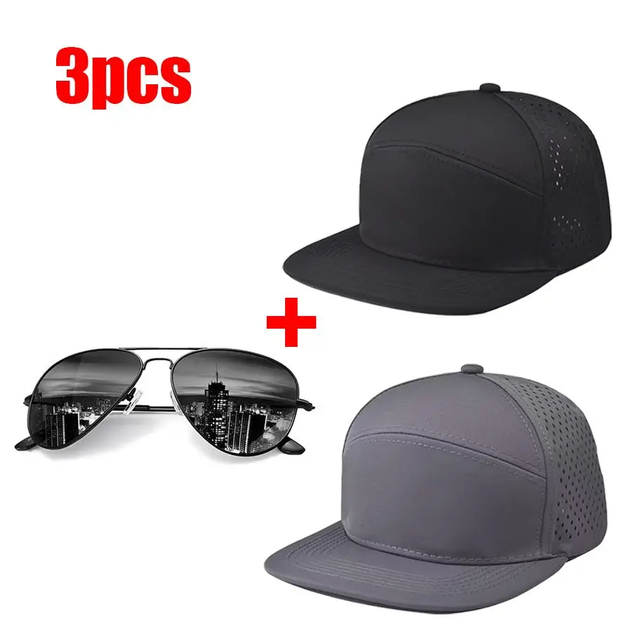 3-Pack Sun Accessory Set for Men - 2 Laser Perforated 7-Panel Flat Brim Snapback Hats (Mens Hats, Polyester/Cotton, Quick-Dry Fabric), 1 Pair Anti-Glare Aviator Sunglasses, Adjustable Trucker Cap Combo for Daily Wear Gifts