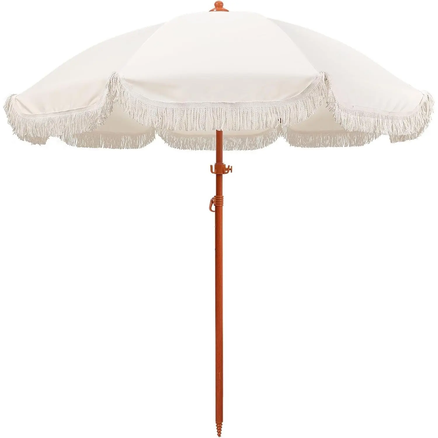 7.3ft Boho Beach Umbrella with Integrated Sand Anchor & Reinforced 8mm Ribs – Heavy Duty Windproof Fringe Patio Umbrella, UPF 50+ Sun Shade with Tilt Mechanism & Carry Bag for Outdoor, Garden, Seaside (Cream/White)