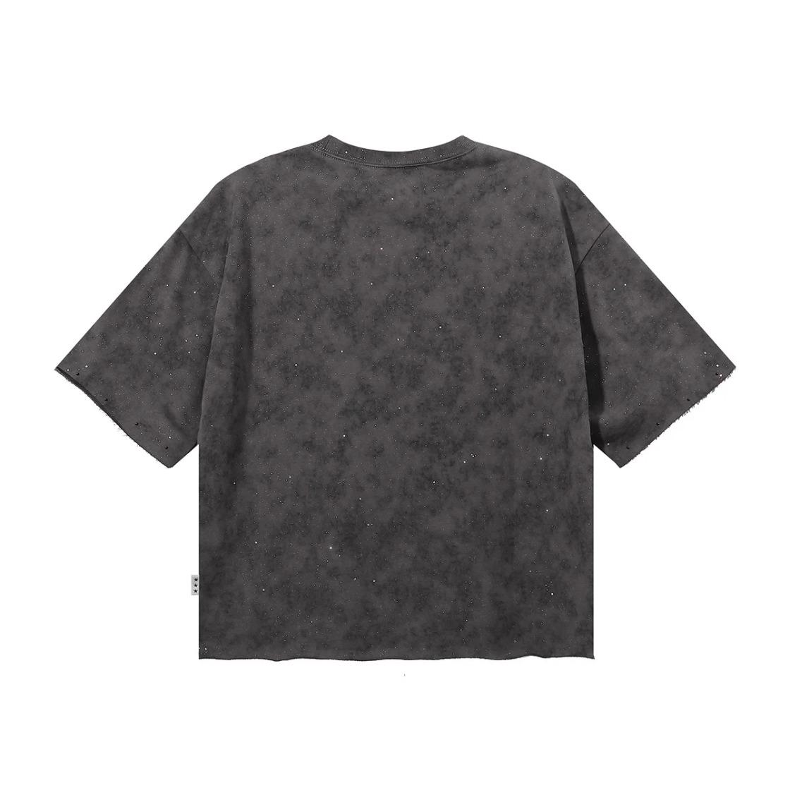 Sparkling Rhinestone Crew Neck T-Shirt, Unisex Loose Cotton Summer Tee, Plus Size, Bling Character Print, Washed Gray Full Diamond Cropped Top for Men Women