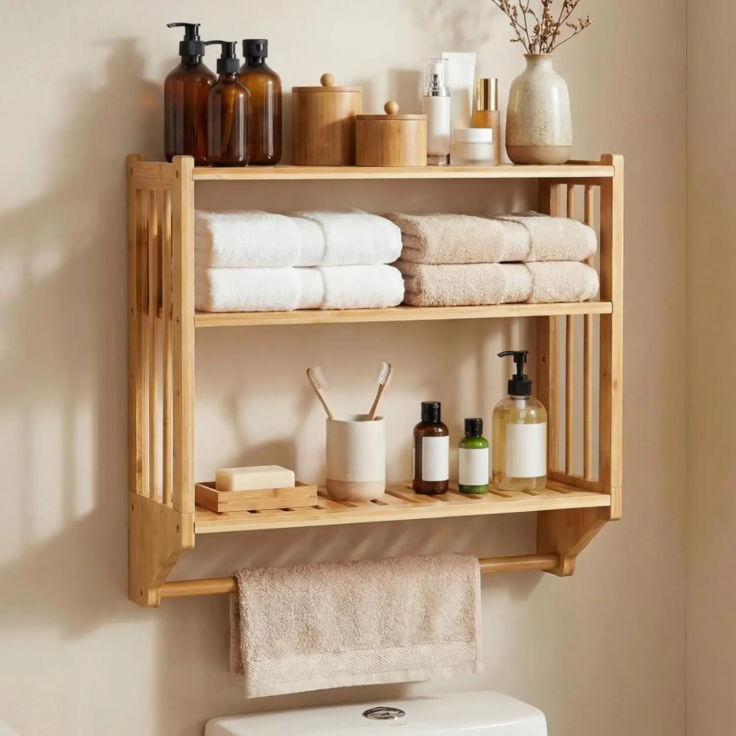 Over The Toilet Storage Shelf, 3-Tier Wall Mounted  Rack Organizer, Floating Rack with  Rod, Free Standing Shower Shelf with Adjustable Layer for Kitchen, Bathroom,