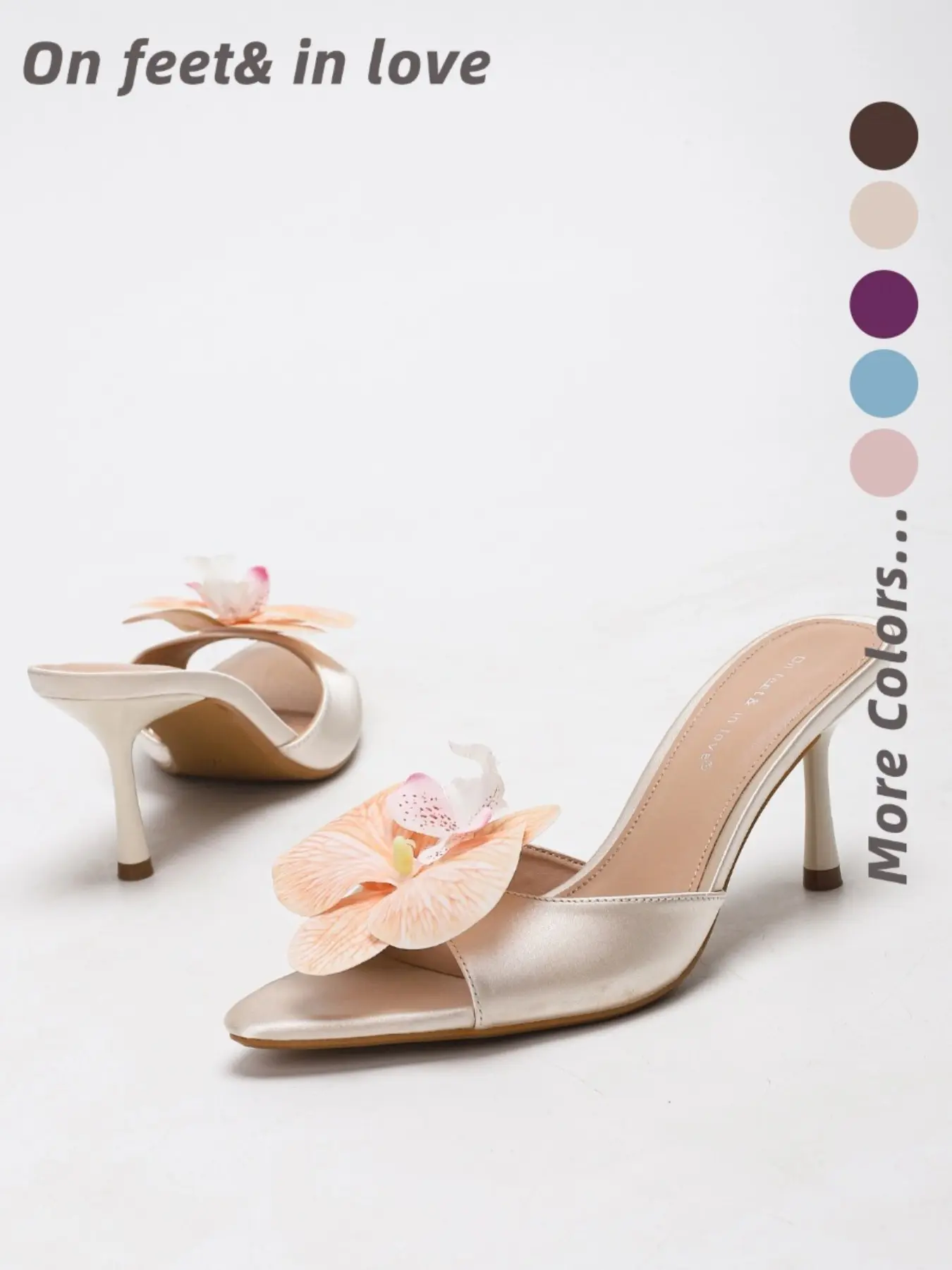 Women's Satin 3D Orchid Flower Decor Open Toe Slip-On Mule High Heel Sandals, Romantic Floral Design Elegant Dress Footwear with Soft Sole for Daily Outing Vacation Beach Trip Cocktail Party Evening Occasions