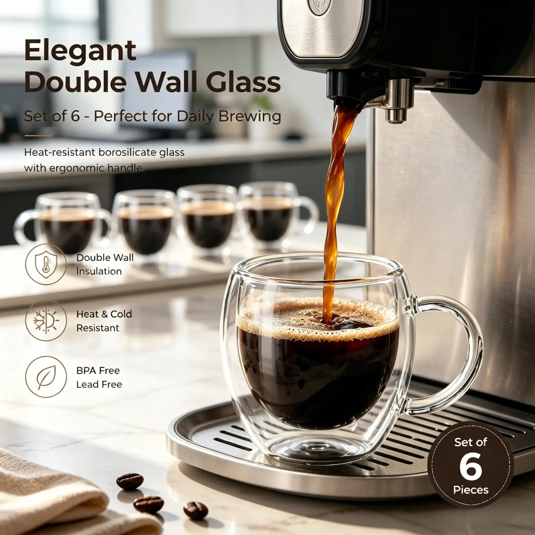 Premium Double Wall Borosilicate Glass Coffee Mug Set of 6, Clear Glass Coffee Mugs, Temperature Resistant From Hot to Iced, Ideal for Kitchen Pantry Storage and Household Daily Drinkware Replacement