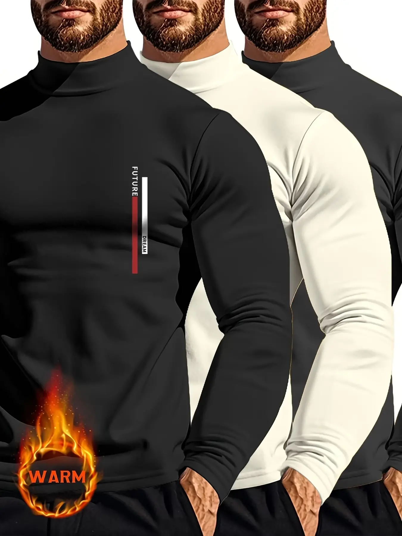 3-Pack Men's Stretchy Turtleneck Thermal Tops, Mixed Colors, Brushed Fleece Cozy Snug-Fit Long Sleeve Shirts, Warm Winter Base Layer Tees for Outdoor Sports & Daily Wear