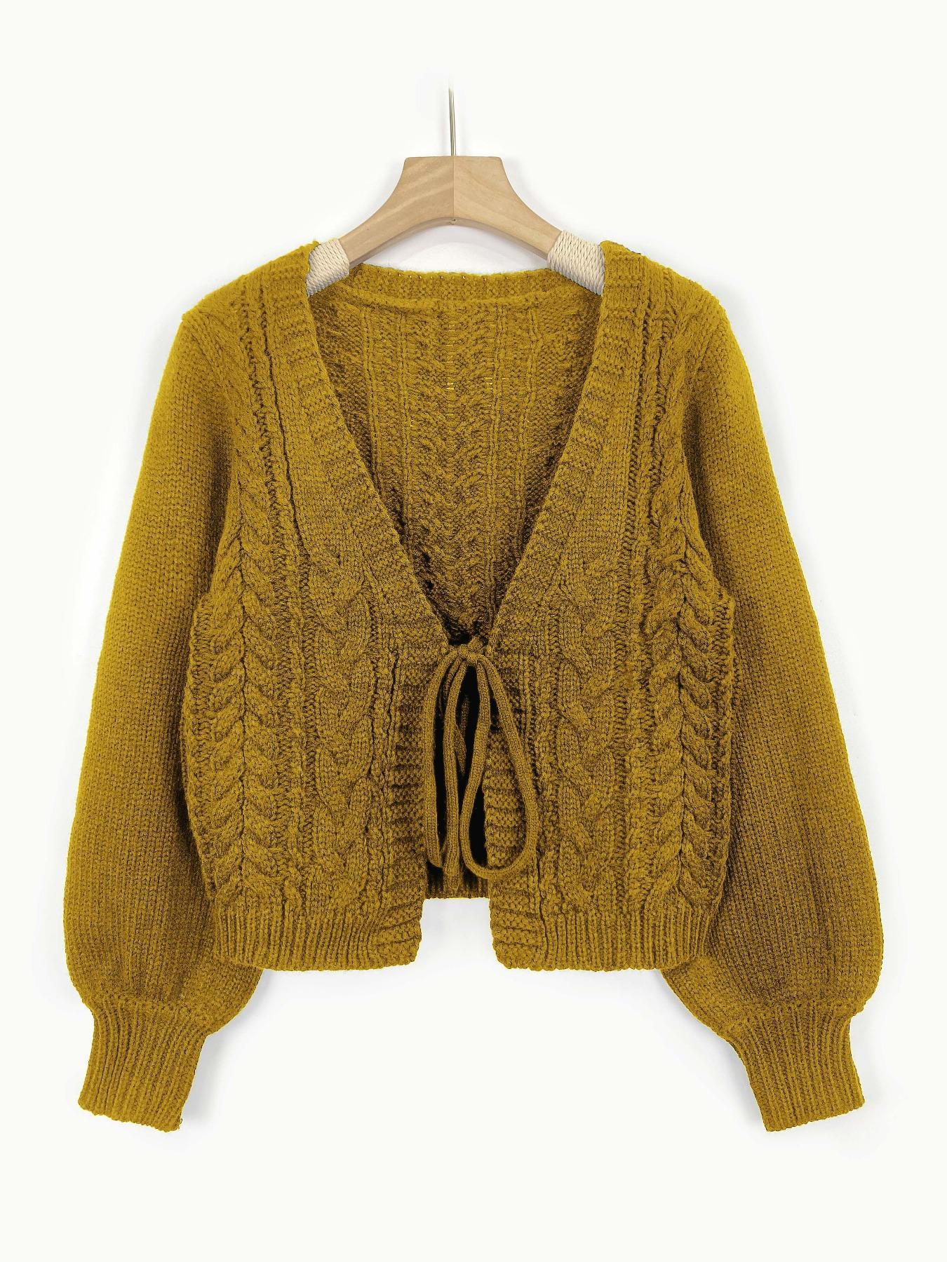 Women's Solid Drop Shoulder Long Sleeve Cardigan, Lady Knitting Tops, Minimalist Casual Tie Front Knitwear With V Neck For Fall & Winter