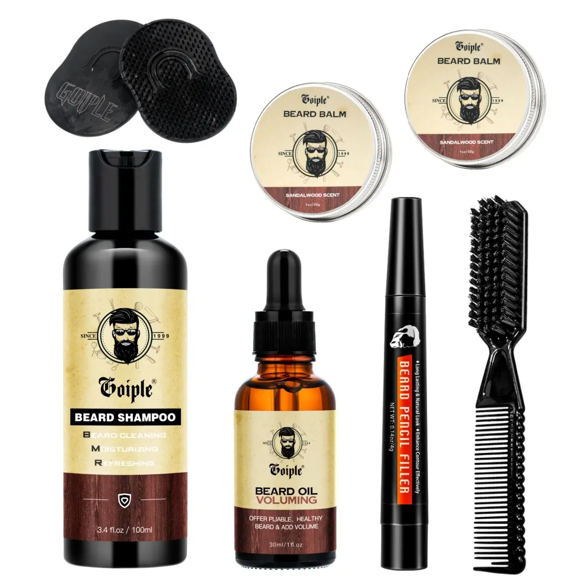 Goiple Complete Beard Care Kit for Men, Beard Shampoo, Beard Oil, Beard Balm, Beard Filler Pencil, Beard Brush & Exfoliating Scrubber, Sandalwood Beard Grooming Set, Soften Hydrate Beard & Fill Patchy Beard