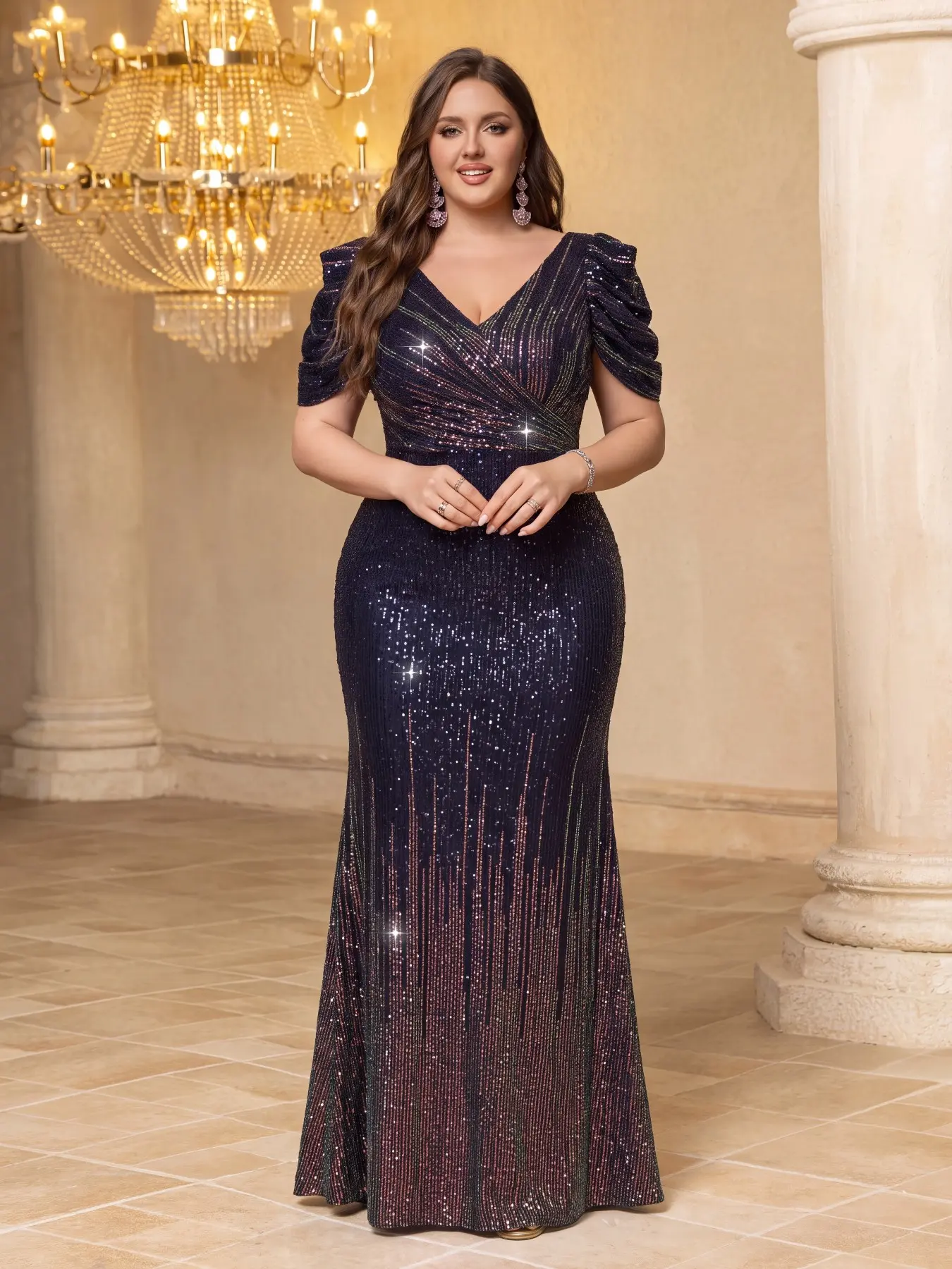 Elegant Fish Tail Evening Gown, Long Sleeve V-Neck Bodycon Dress, Rhinestone Pattern, Backless Design, Perfect for Formal Events
