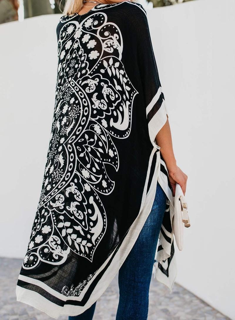 Black and White Kimono Cardigan for Women Lightweight Flowing Open Front Cover Up with Boho Ethnic Print Chic Monochrome Style Ideal for Summer Beach Vacation Cruise Pool Resort Travel Daily Layer for Sun Protection or Casual Outfits Black and White Kimono Cardigan for Women Lightweight Flowing Open Front Cover Up with Boho Ethnic Print Chic Monochrome Style Ideal for Summer Beach Vacation Cruise Pool Resort Travel Daily Layer for Sun Protection or Casual Outfits