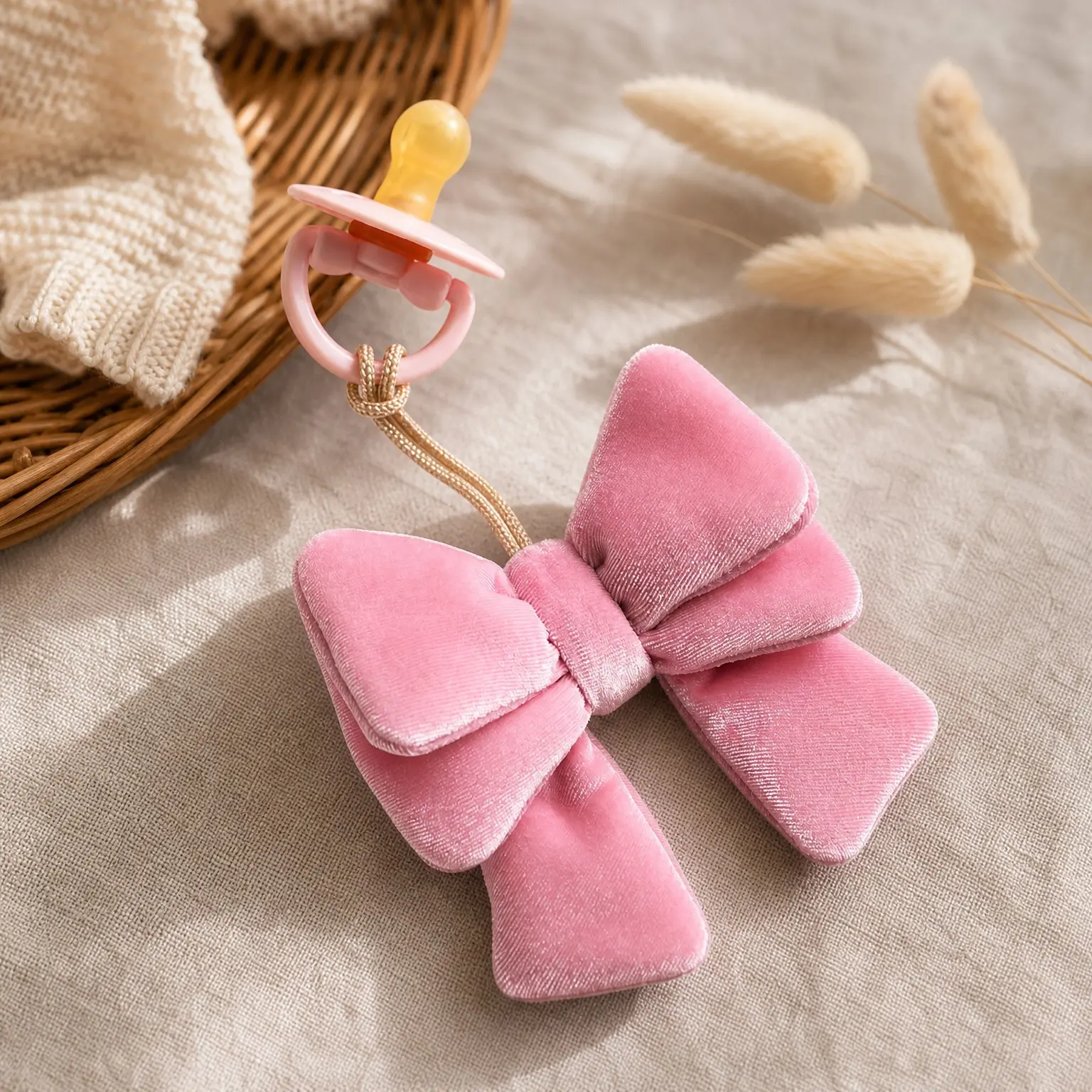 Pacifier & Lovey Set – Natural Rubber Pacifier with Stuffed Animal Lovey – Detachable Velour Bow Pacifier Holder & Coordinating Natural Rubber Soother, Ideal for Ages 0-6 Months (Bow)(Gift)