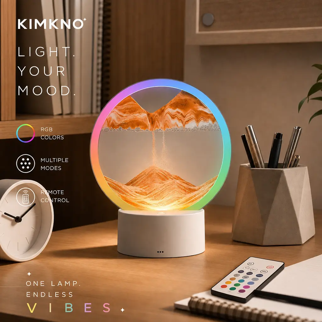 KIMKNO 3D Moving Sand Art Dorm Night Light - LED Light Base Dynamic Sandscape Lamp, USB-Powered Touch Control Quicksand Decor, Student Desk Essential, Aesthetic Room Stress Relief Fidget Toy up decorative