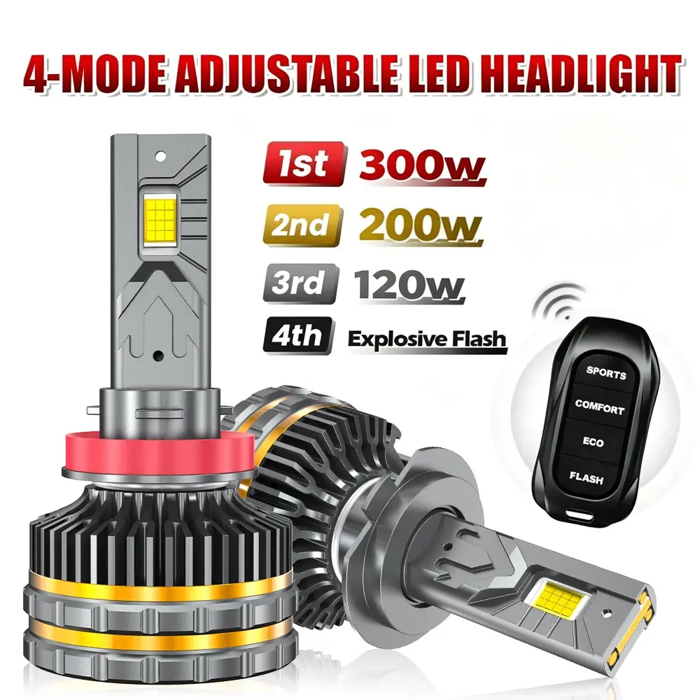 4 Modes Adjustable LED Headlights H1 H8 H9 H11 9005 HB3 9006 HB4 9007 HB5 9008 H13 H7 LED Bulb H4 Hi/Lo Beam Headlamp， Sports Cmfort Eco Flash Remote Control for Car Headlights Lights