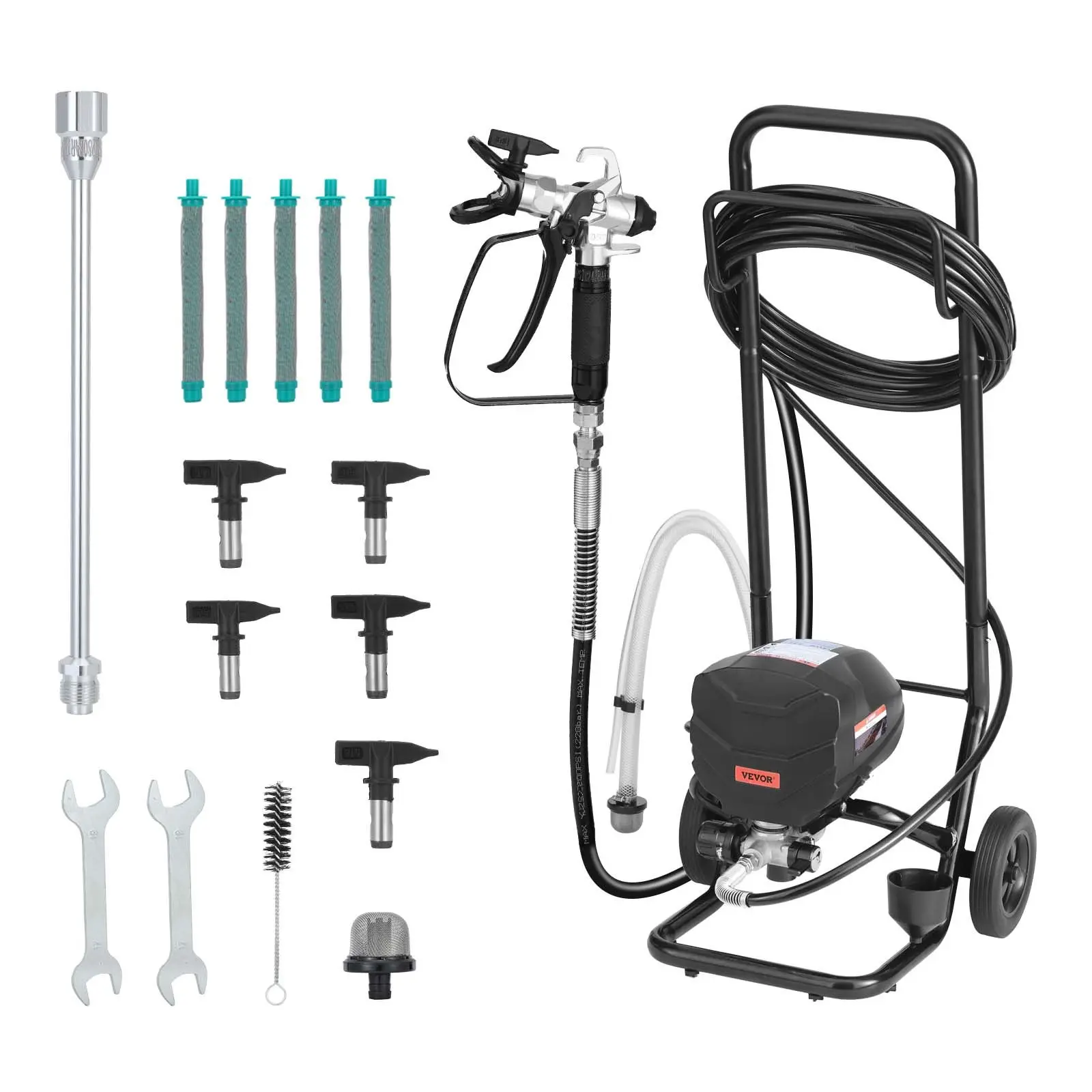 【toolupgrade】VEVOR Wheeled Stand Airless Paint Sprayer, 650W 3000 PSI High-Pressure Electric Spray Paint Machine with Cart, Cleaning Brush, Hose, Extension Rod, Nozzles for House Interior, Exterior