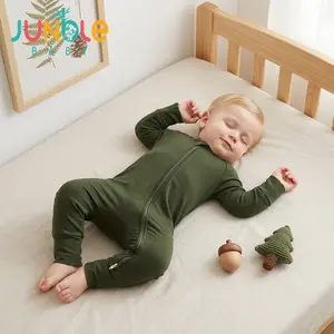Junblebaby Natural Bamboo Fiber Plain Baby Onesie, baby bamboo zipper romper,baby clothes,Solid Olive Green Long Sleeve Footed Romper with Full Two-Way Zipper, Breathable Basic Daily Loungewear for Newborn Toddler 0-3 Years Old