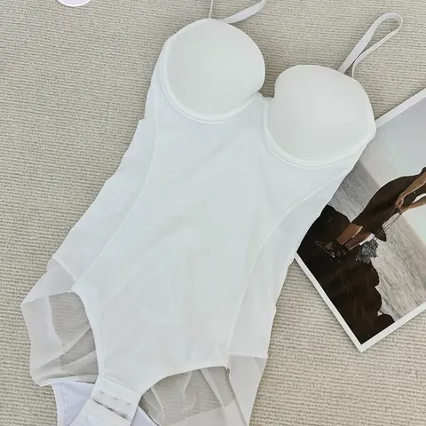 Women's Solid Color Contrast Mesh Sheer Cami Bodysuit, Adjustable Tummy Control Shaper, Waist Cinching Shapewear, Women's Shapewear for All Seasons