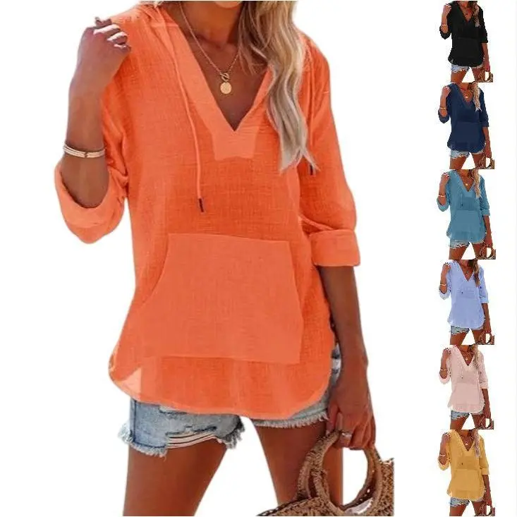 Imily Bela Women's Beach Cover Up hoodies sweatshirt Long Sleeve V Neck Pocketed Hooded Shirt Top Casual Womenswear