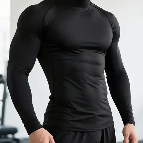 【Biack Friday】Men's Quick-Dry Stretch Fitness Shirt - High Neck Long Sleeve Workout Top, Moisture-Wicking Tight-Fit Gym & Boxing Shirt with Stretchy Fabric for All Seasons, Athletic Performance Apparel, Athletic Training Tops, Workout Athletic Shirts
