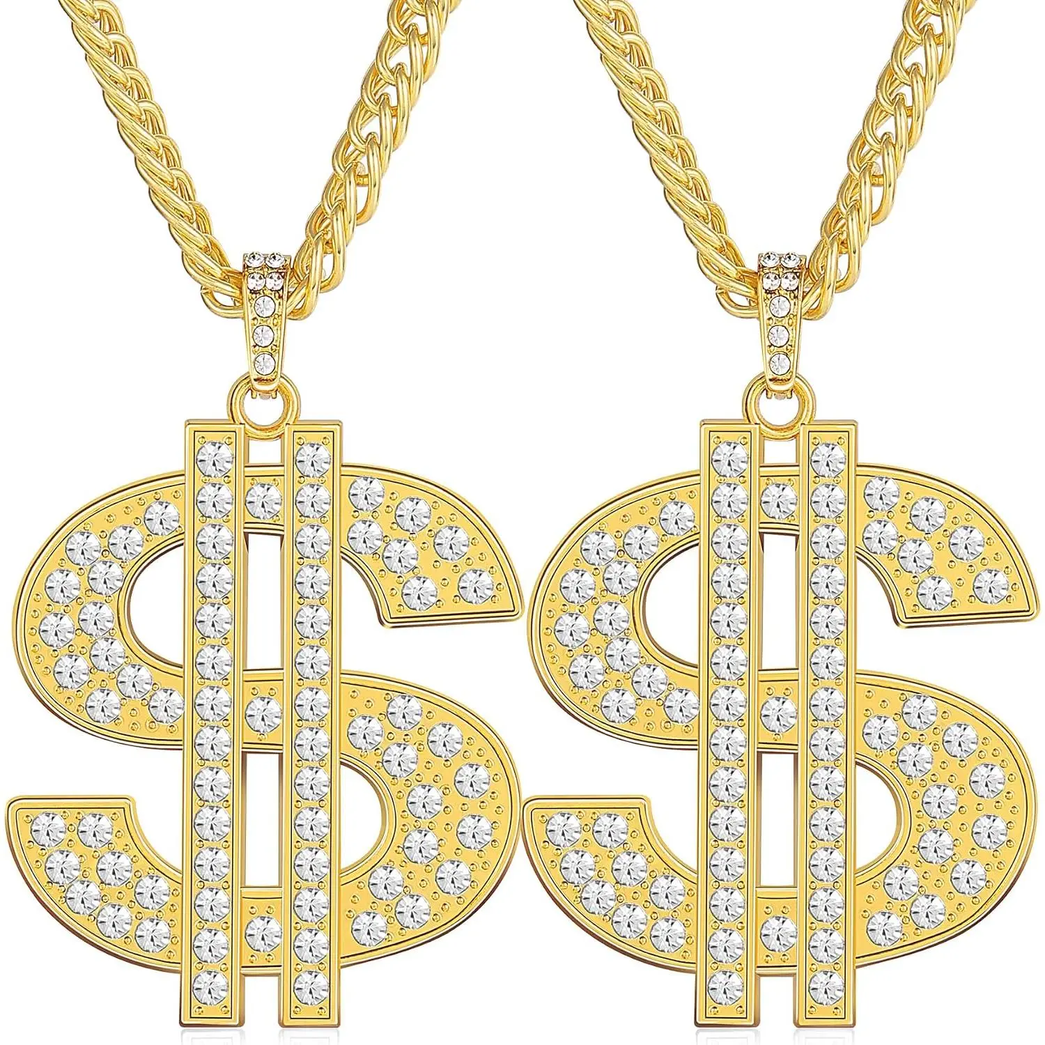 2 count Dollar Necklace for Men,/ Plated Chain for Men with Dollar Sign Pendant Necklaces, 80/90s  Hop Dollar Necklace Halloween Gifts