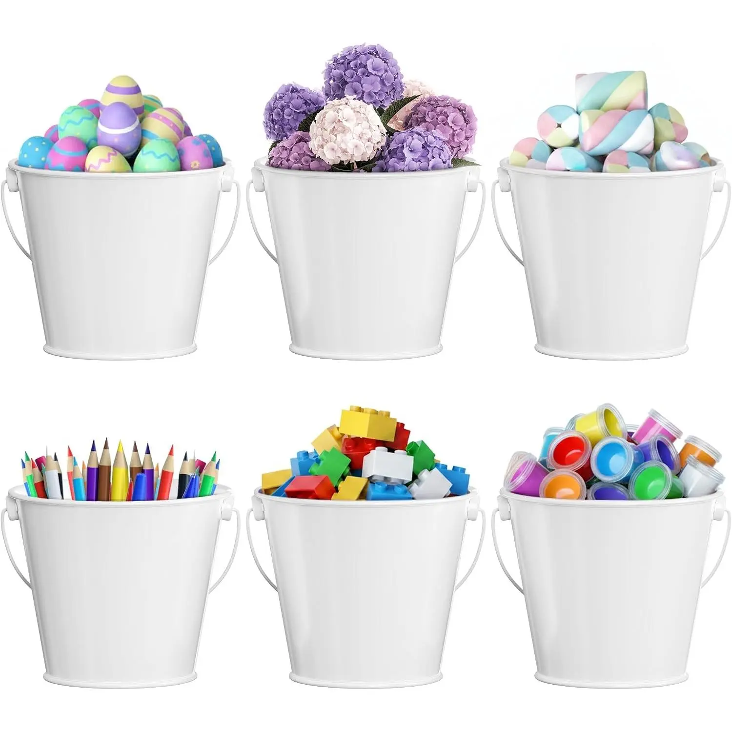 Smooth Small Metal Buckets with Handles - Rust-Resistant, Leak-Proof Mini Tin Buckets for Classroom, Party Favors, Organization - Set of 6, White