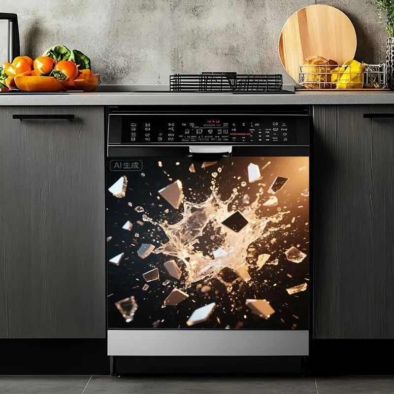 2D Flat 2Pcs Water Splash Art Stickers For Dishwasher, Elegant Liquid Crystal Design Pattern Kitchen Appliance Cover, Waterproof Self-Adhesive Decorative Skin Washing Machine, Refrigerator, Cabinet, Door Front Panel